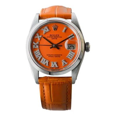 Pre-owned Rolex Steel Oyster Perpetual Date With Custom Orange Dial Diamond Markers 1970's