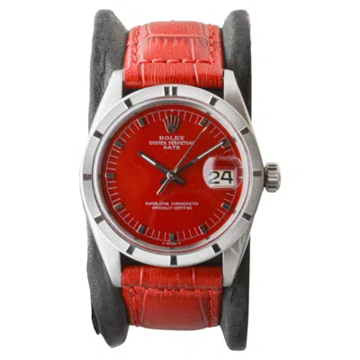 Pre-owned Rolex Steel Oyster Perpetual Date With Custom Red Dial And Engine Turned Bezel