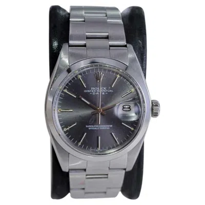 Pre-owned Rolex Steel Oyster Perpetual Date With Rare Factory Original Charcoal Dial 1970 In Black