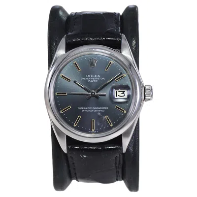Pre-owned Rolex Steel Oyster Perpetual Date With Rare Slate Blue Dial From Early 1970's In Gray
