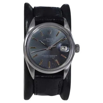 Pre-owned Rolex Steel Oyster Perpetual Date With Rare Slate Blue Dial From Early 1970's In Gray