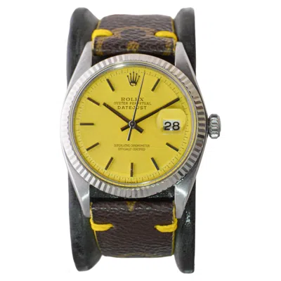 Pre-owned Rolex Steel Oyster Perpetual Datejust With Custom Yellow Dial And Lv Strap 1960s