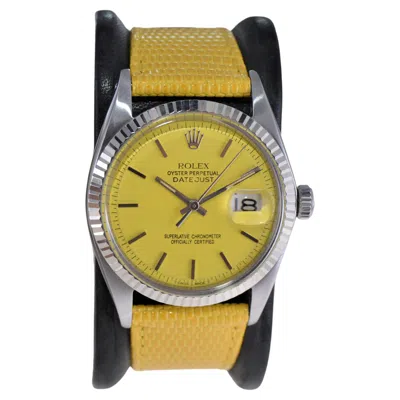 Pre-owned Rolex Steel Oyster Perpetual Datejust With Custom Yellow Dial And Strap 1970s