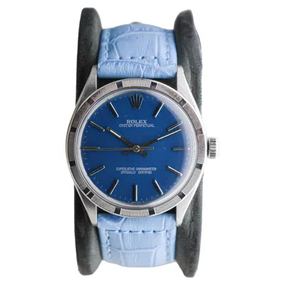 Pre-owned Rolex Steel Oyster Perpetual Thunderbird Bezel Custom Blue Dial, Early 1970's