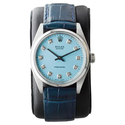 Pre-owned Rolex Steel Oyster With Custom Made Blue Dial And Diamond Baguette Markers