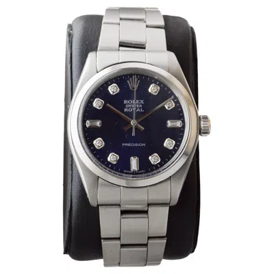 Pre-owned Rolex Steel Oyster With Custom Made Navy Blue Dial And Baguette Diamond Markers