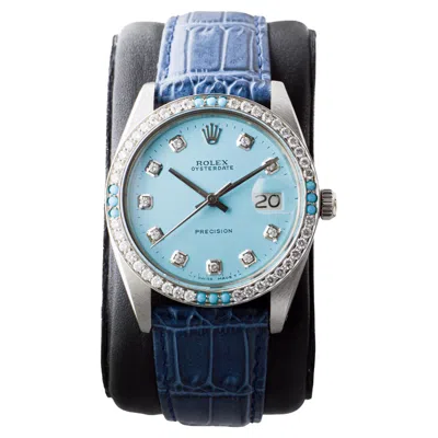 Pre-owned Rolex Steel Oysterdate With Custom Made  Blue Dial And Diamond Bezel