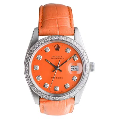 Pre-owned Rolex Steel Oysterdate With Custom Orange Diamond Dial And Bezel Circa, 1970's