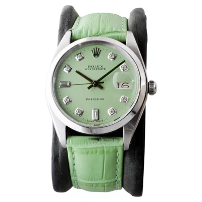 Pre-owned Rolex Steel Oysterdate With Custom Pistachio Green Dial And Diamond Markers
