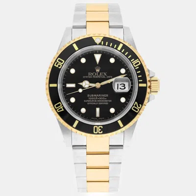Pre-owned Rolex Submariner 16613n Automatic Black 18k Yellow Gold Stainless Steel Men's Wristwatch 40 Mm
