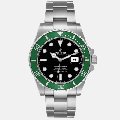Pre-owned Rolex Submariner Starbucks Green Bezel Steel Men's Watch 41 Mm In Black