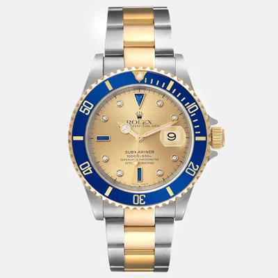 Pre-owned Rolex Submariner Steel Yellow Gold Diamond Sapphire Serti Dial Men's Watch 40 Mm