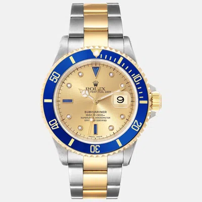 Pre-owned Rolex Submariner Steel Yellow Gold Diamond Sapphire Serti Dial Men's Watch 40 Mm