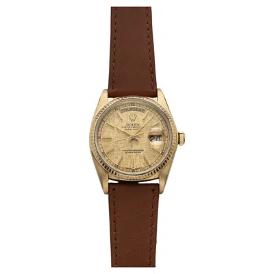 Pre-owned Rolex Vintage 1982  Day-date 18038 18k Yellow Gold Champagne Linen Dial Auto 36mm