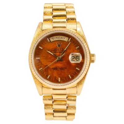 Pre-owned Rolex Vintage  Day Date 36mm 18038 Walnut Birch Wood Dial Bark 18k Gold Watch In Multi