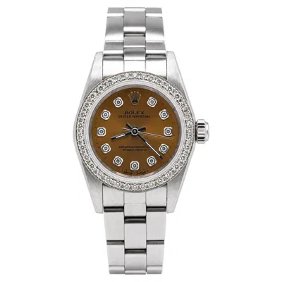 Pre-owned Rolex Vintage  Oyster Perpetual Diamond Bezel Brown Dial Stainless Steel Watch