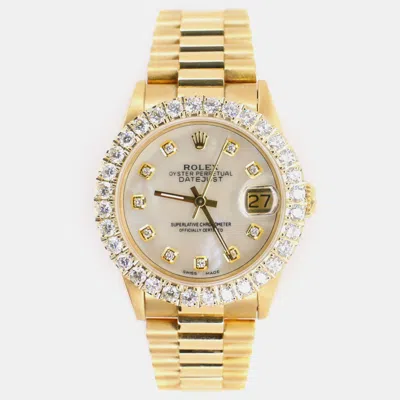 Pre-owned Rolex Custom White Mop Diamond 18k Yellow Gold President Datejust Automatic Women's Wristwatch 31mm