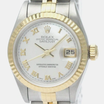 Pre-owned Rolex White Shell 18k Yellow Gold Stainless Steel Datejust 69173 Automatic Women's Wristwatch 26 Mm In Silver