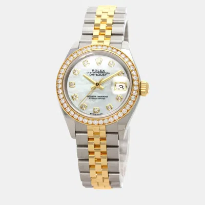 Pre-owned Rolex White Shell 18k Yellow Gold Stainless Steel Diamond Datejust Automatic Women's Wristwatch 28 Mm