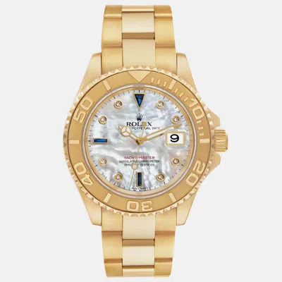 Pre-owned Rolex Yachtmaster Yellow Gold Mother Of Pearl Diamond Sapphire Serti Mens Watch 16628 In Blue
