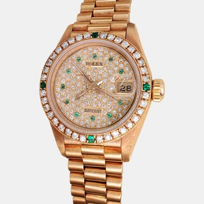 Pre-owned Rolex Yellow Gold Diamond Emerald Bezel Pave Diamond Dial 69178 President Datejust Wristwatch 26mm
