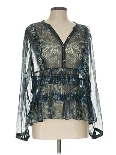 Pre-owned Roller Rabbit 3/4 Sleeve Silk Top Blue Plunge Neckline Tops