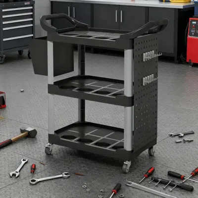 Rolo Home 3-tier Rolling Tool Cart, 200 Lbs Capacity Plastic Utility Cart With Side Shelf And Bucket, Black An