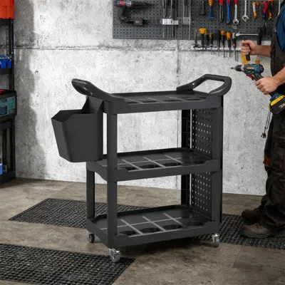 Rolo Home 3-tier Rolling Tool Cart, 200 Lbs Capacity Plastic Utility Cart With Side Shelf And Storage Bucket,  In Black