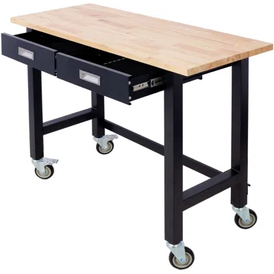 Rolo Home 48in Work Bench, Workbench With Drawer Storage, Heavy Duty Bamboo Wood Work Table With Wheels For Ga In Brown