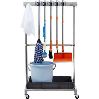 Rolo Home Garden Tool Organizer, 10 Slots With Hooks, Yard Tool Tower Rack With Wheels For Garage Organization In Gray