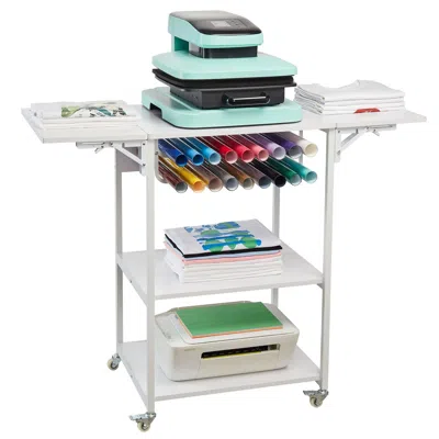 Rolo Home Heat Press Table, 3 Tier Movable Heat Press Stand, Foldable Heat Transfer Machine Stand With Wheels  In White