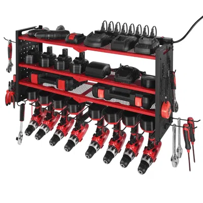 Rolo Home Power Tool Organizer With Charging Station, 3-layer Drill Storage Rack With 4 Drill Holders & Side P In Black