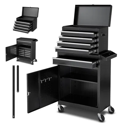 Rolo Home Rolling Tool Chest, 2-in-1 Design, 5 Drawers Tool Cabinet Organizer With Detachable Top Metal Toolbo In Black