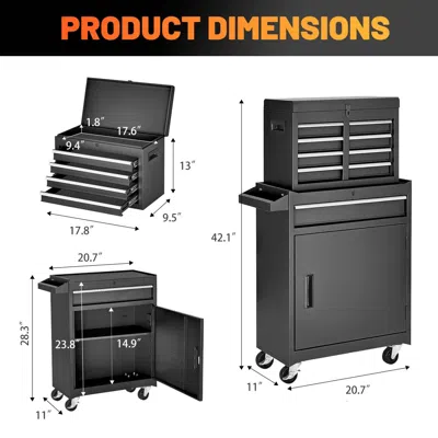 Rolo Home Tool Chest, 5-drawer Rolling Tool Storage Cabinet With Detachable Top Tool Box, Liner, Universal Loc In Gray