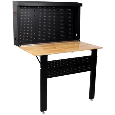 Rolo Home Wall Mounted Workbench, Robust Space-saving Foldable Workbench With Rubberwood Work Surface, Pegboar In Black