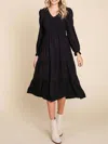 Rolypoly Meg Long Sleeve Tiered Midi Dress In Black