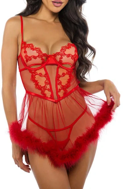 Roma Confidential Baroque Heart Babydoll Chemise & Thong Set In Red