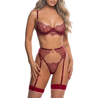 Roma Confidential Beaded Belle Underwire Demi Bra, Garter Belt & G-string Set In Red