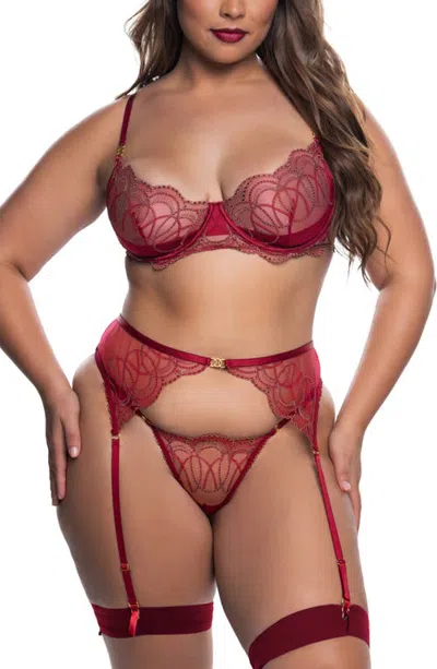 Roma Confidential Belle Metallic Embroidered Underwire Bra, Garter Belt & G-string Set In Red
