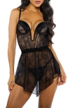 Roma Confidential Belle Noir Babydoll Chemise & Thong Set In Black