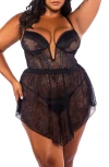 Roma Confidential Belle Noir Babydoll Chemise & Thong Set In Black