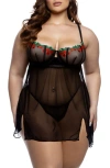 Roma Confidential Cherry Delight Embroidered Mesh Babydoll & G-string Set