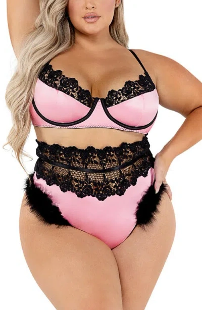 Roma Confidential Lace Trim Satin Underwire Bra & Thong Set In Pink/black