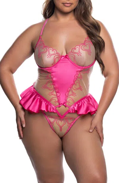 Roma Confidential Queen Of Hearts Embroidered Mesh & Satin Teddy In Pink