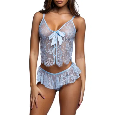 Roma Confidential Sheer Lace Camisole & Thong Set In Blue