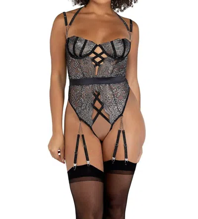 Roma Confidential Sparkle Gartered Crotchless Teddy In Black