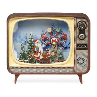 Roman 6.75in Lighted Swirl With Santa Tv Plays Music Christmas Tabletop Decor In White