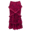 Romance Was Born Cotton Silk Blend Floral Lace Bias Ruffle Midi Skirt In Red