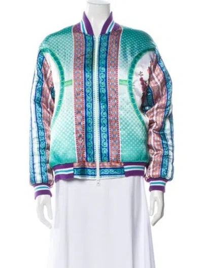 Pre-owned Romance Was Born Silk Printed Bomber Jacket In Blue