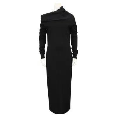 Pre-owned Romeo Gigli 1990's  Black Wool Jersey Body Con Dress With Chiffon Collar
